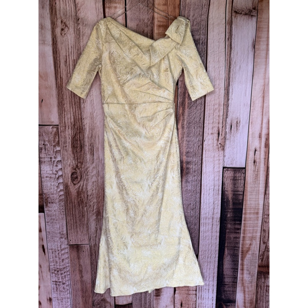 Teri Jon Rickie Freeman Dress Jacquard Maxi Bow Gold Cream Formal Event Size 14
